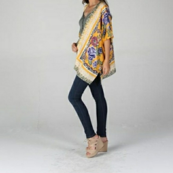 ShortSleeve Purple FloralPrint OpenFont WovenKimono Cardigan Golden - Picture 3 of 16